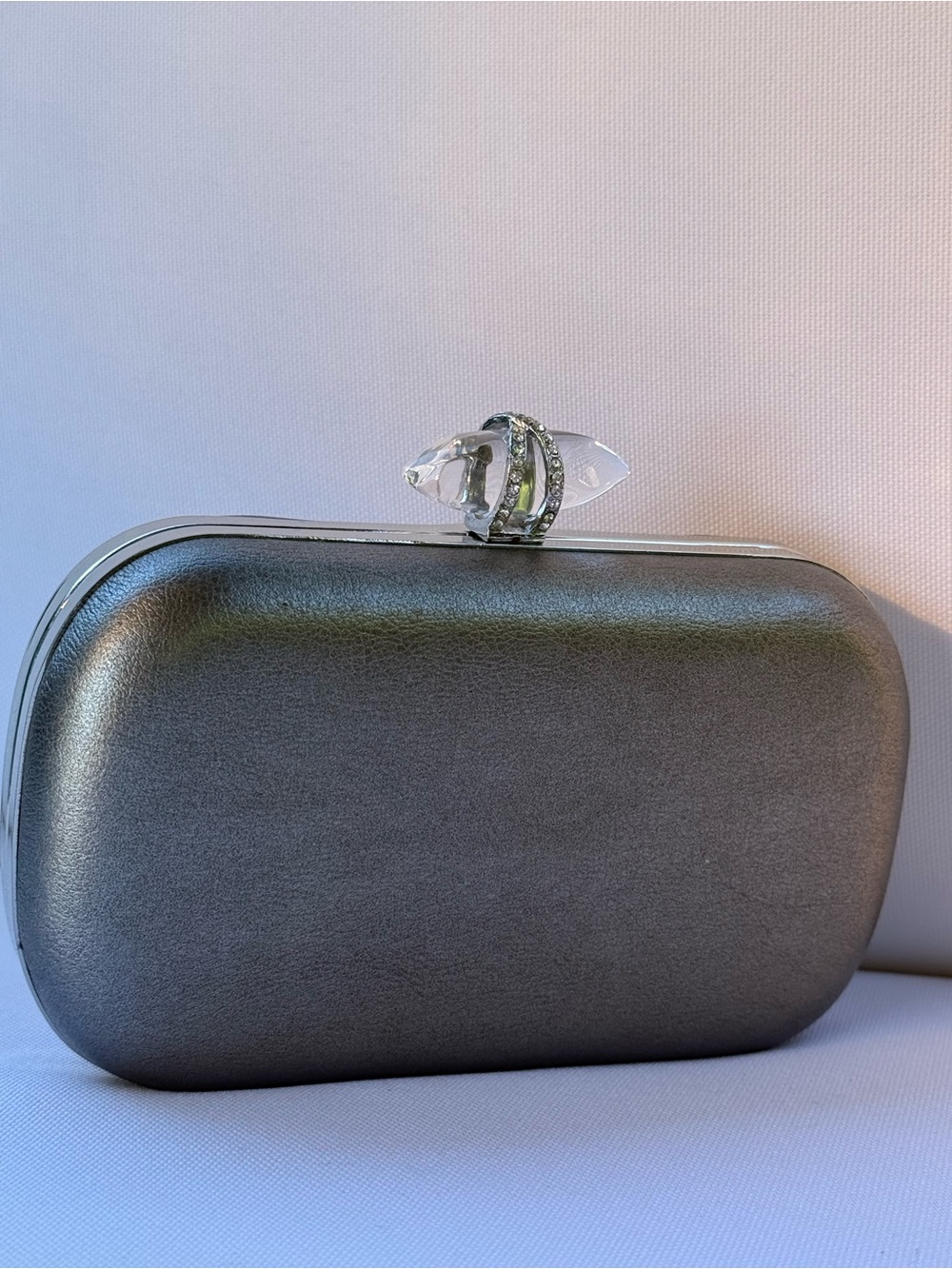 Metallic Gray Evening Clutch with Crystal Accent